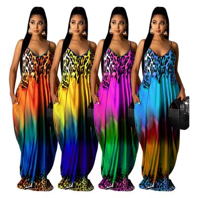 China Breathable Gradient Print Leopard Sling Beach Maxi Boho Kaftan Dress With Loose Pockets for sale