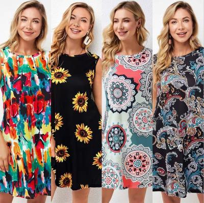 China Breathable Elegant Ladies Short Printed Round Neck Sleeveless Loose Dress For Girls Work Casual Business for sale