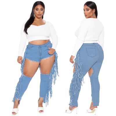 China OEM Breathable Private Label Plus Size Womens Jeans Shredded Fringe Pencil Stretch Slim Pants for sale