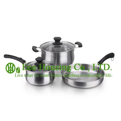 China 3 pieces stainless steel cooking cookware including fry pan and soup pot and milK pot for sale