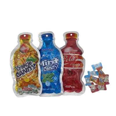 China Natural candy plant fresh mint and orange and cola candy with bottle shaped bag chewing hard candy for sale