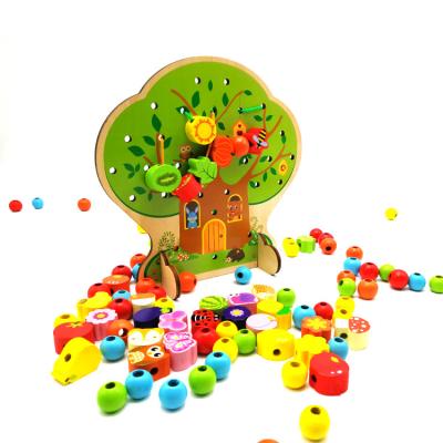 China Early Education Children Hands Eye Coordination Toys -102PCS Nice Crafted Toys Fruits and Vegetables Wooden Stringing Toys for sale