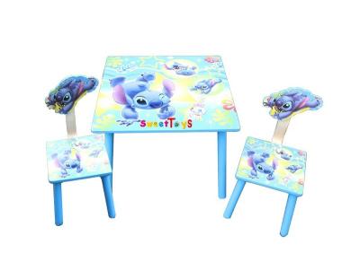 China Fashion Stitch Cartoon Kids Learning Desk Chairs Wooden Table And Two Chairs for sale