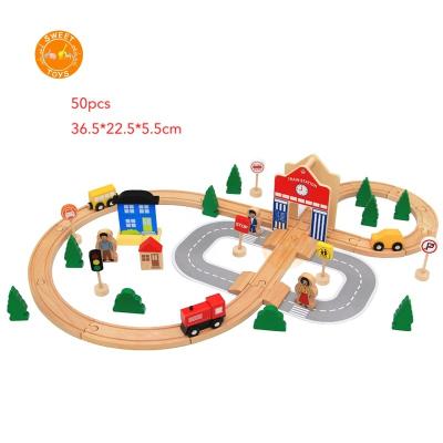 China Hot Sale 50PCS Fun Wooden Train Set Toy DIY Railway Track Educational Toys For Cultivate Children Traffic Knowledge for sale