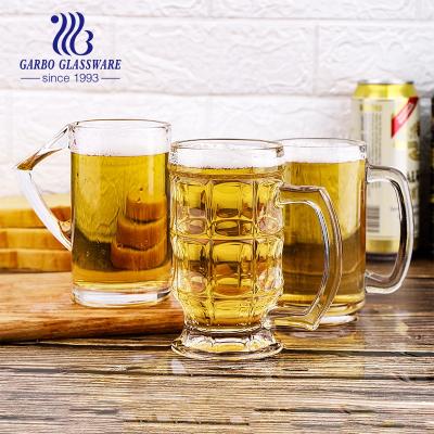 China Large 400ml Viable Elegant Exquisite Clear Glass Beer Mug Upside Down Beer Glass With Customized Logo for sale