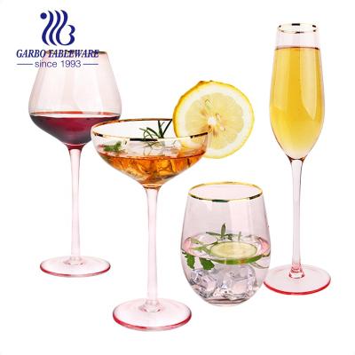 China Rose color with gold rim small MOQ 18oz wine glass cup rose popular color custom glass stemware gold rim for sale