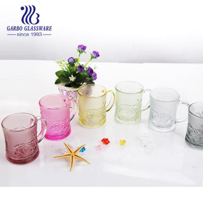 China Viable 250ml 9oz Colored Glass Coffee Mug With Handle Small Spray Color Glass Mug With Pink Flower for sale