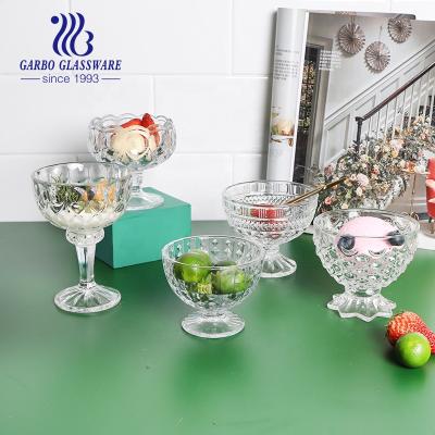 China CLASSIC hot sale high quality clear etched glass cups ice cream designs glass ice cream cups with stand fish scale designs for sale