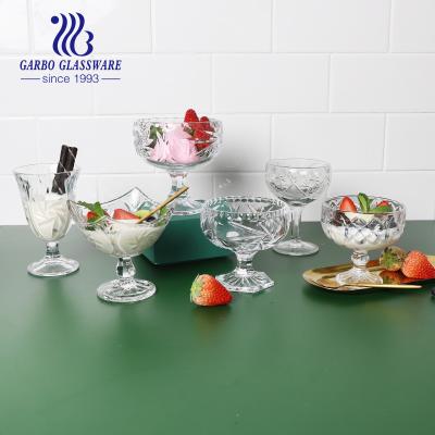 China Stem Glass Custom Ice Cream Rolls High Quality Transparent Dessert Cup Engraved Clear Glass Ice Cream Cup With Stand for sale