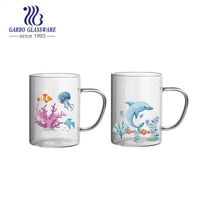 China Novelty 455ml new design borosilicate printed double wall coffee handmade blowing glass mug for restaurant and family hotel service for sale