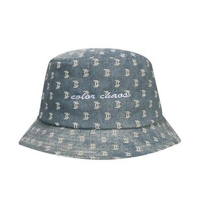 China 2021 new plush fashion denim bucket hat embroidered and screen print distressed washed jeans bucket hat for sale