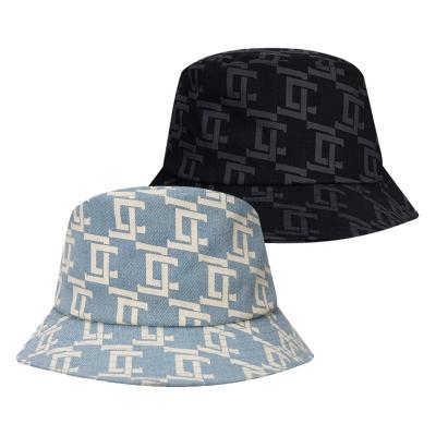 China 2021 plush classic monogram design bucket hat screen print sublimated print fishing hat blue jeans bucket hat for sale