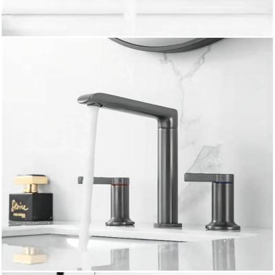 China Metered Faucets Dual Handle Faucet Black Gray Deck Mounted Tap High Cass Brass Faucet Bathroom Wash Basin Faucet for sale