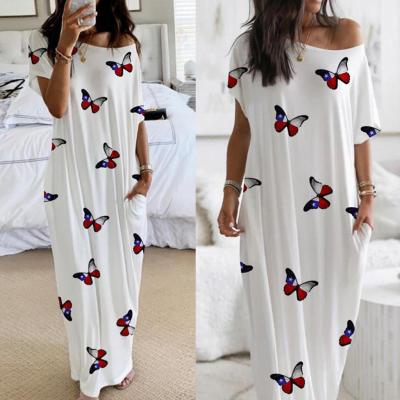 China SunNY Everest long skirt 2021 summer dress fashion butterfly printing retro shoulder map short-sleeved oblique female viable shoulder for sale