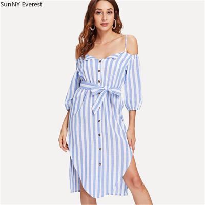 China Viable Viable Women's Irregular Striped V-Neck Strap V-Neckline Single-Row Buckle Mid-Sleeve Dress for sale