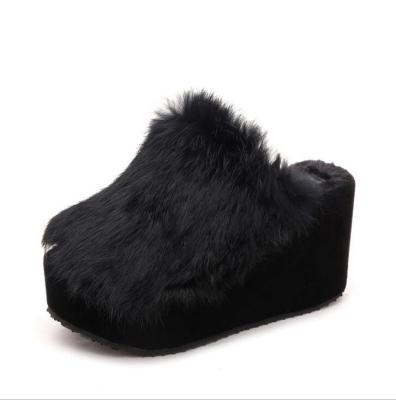 China New Autumn Winter Breathable Rabbit Fur Breathable 9cm Wedges Big Heel Slippers Fashion Women Thick Plush Slippers Platform Warm Slippers for sale