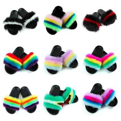 China The fluffy sandals zapatillas de mujer Flip Flops Fox Fur Slippers EVA Fake Fur Slides Women EVA Cute Synthetic Hairy Women for sale