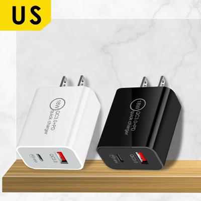 China 2021 New Wholesale Dual Port Type High Speed ​​Fast Charging PD 18w Super Charging USB Wall Charger Quick Charge QC 3.0EU USA UK Plug for sale