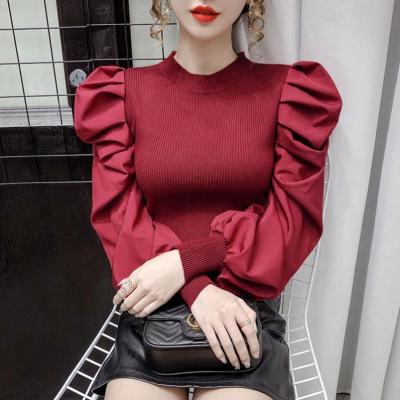 China Anti-pilling Fashion G3396630 Wholesale Casual Bubble Sleeve Quilted To Knit Solid Color Top Elegant Woman Full Fashionable for sale