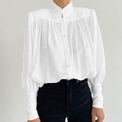 China Anti-pilling trends CY5635 2021 spring wear blouse women shirt stand collar lantern sleeve blouse woman for sale