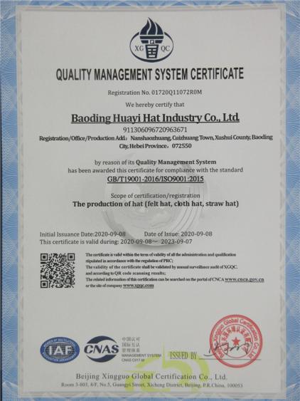 ISO9001 - Baoding Huayi Hats Co., Ltd.