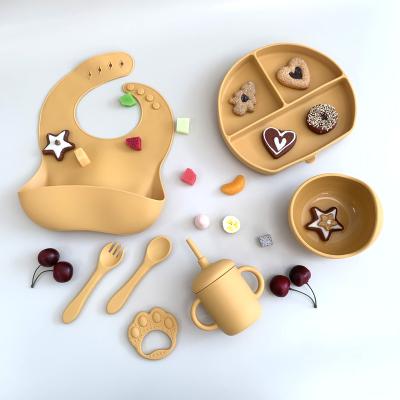 China BPA Free Silicone Suction Dish Bowl With Wooden Bibs Baby Cup Snack Fork Lid Bib Spoon Feeding Set for sale