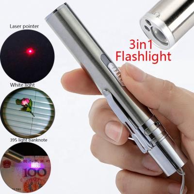 China Waterproof 3in1 Design USB LED Penlight UV Light Banknote Laser Indicator Light Mini LED Flashlight Multifunctional Rechargeable Powerful Torch for sale