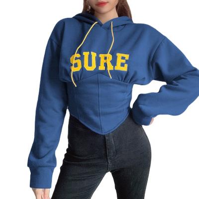 China Wholesale Anti-wrinkle Women Fashion Long Sleeve Letter Embroidery Sweatshirt Hooded Corset Hoodies Crop Top for sale