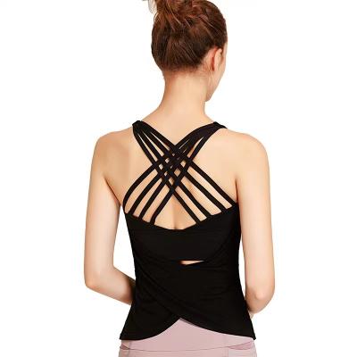 China Wholesale Breathable U-Neck Cross Back Tie Up Sports Bra Top 2pcs Fitness Wear Women's Vests Built In Yoga Bra for sale