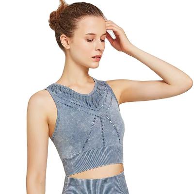 China High-elastic Mesh Hollow Out Washed Women's Breathable Crop Tops Seamless Breathable Yoga Bra Sports Running Bra for sale