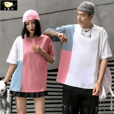 China Youth hip hop street QUICK DRY sweat cotton 100 absorbing short sleeved round neck off the shoulder T-shirt trend couples class suit for sale