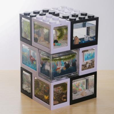 China Viable Creative Box Stacked Ecology Mini Building Blocks Aquarium Fish Tank Bowl With Led Light Lamp for sale