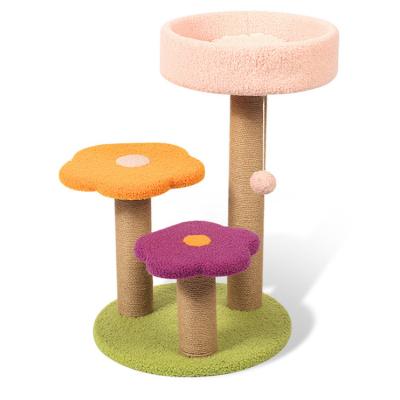 China Design Faux Fur Hemp Rope Flower Viable Cactus Cat Tree House Jumping Platform Striping Column for sale