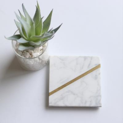 China Sustainable Set of 4 Handcrafted Modern Solid Real Square White Marble Coasters with Gold Brass Inlay for Drinks for sale