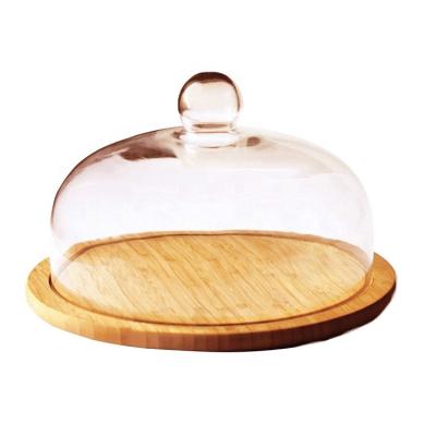 China D25cm Sustainable Acacia Wood Cheese And Cake Glass Dome With Tray for sale