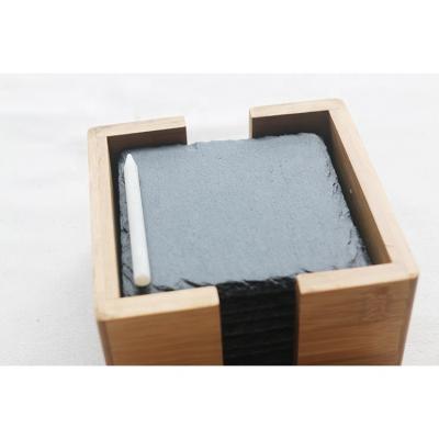 China Sustainable top quality slate stone plate /black slate coaster /bamboo cup holder for sale