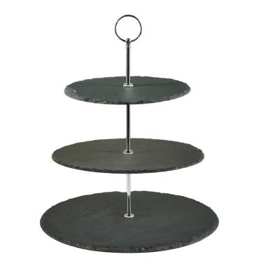 China Sustainable Serving Rack Real Slate Serving 3-Tier Natural Stone Tray For Desserts, Cakes, Cheese, Sausage for sale