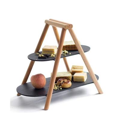 China Viable Party Necessary Tableware 2 Layer Slate Stone Cake Stand With Acacia Wood Frame for sale