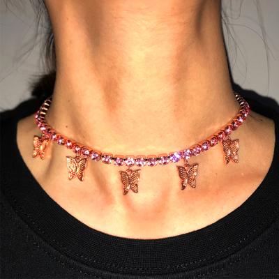 China FASHIONABLE Diamond Crystal Jewelry Statement Butterfly Hip Hop Zircon Chain Necklace Pink for sale