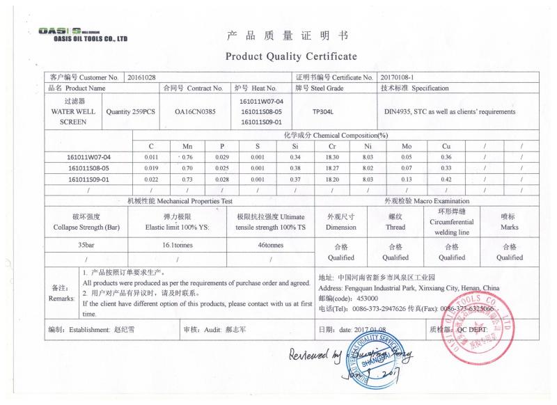 Products Certification by BV - Oasis Oil Tools Co., Ltd,