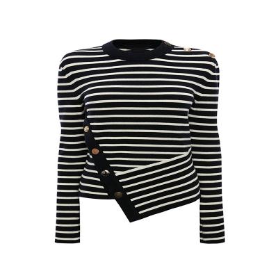 China Hot Selling Custom Anti-wrinkle New Buttons Long Sleeve O Neck Knitted Navy Fashionable Jumper Tops For Women Wear By Black White Stripe for sale