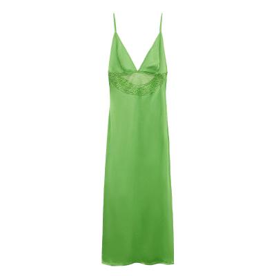 China New Arrival Summer Hot Sale Custom Made Sexy V-Neckline Anti-wrinkle Spaghetti Tie Backless Lace Green Satin Fashion Casual Dress For Women for sale