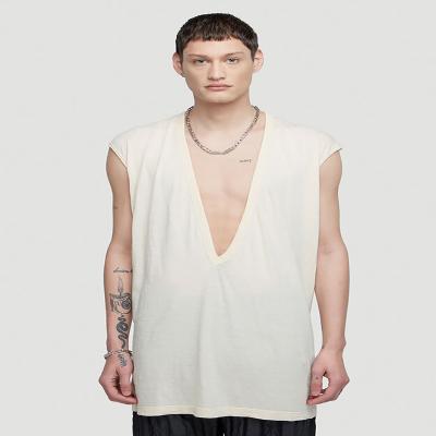 China White Mens Fashion Cut Out V-Neckline Custom Professional Raw QUICK DRY Cotton 100% Single Tank Tops Sleeveless For Casual Life for sale