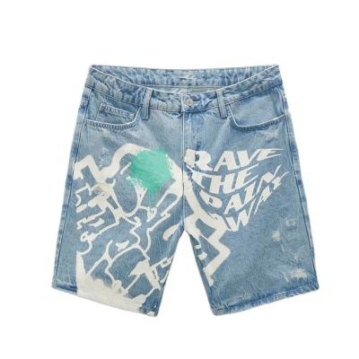 China New arrival QUICK DRY fashion high end custom summer pocket text contrast print multi classic washed denim men short jeans for sale