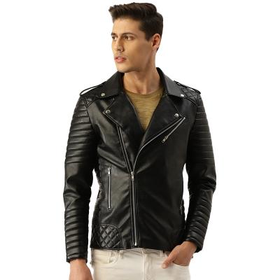 China QUICK DRY Super Cool Faux Leather Mens Biker Jacket Worked Collar 100% Polyurethane Motor Jacket With Interior Chest Pocket for sale