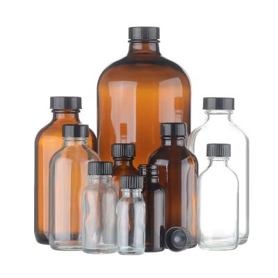 China Amber Glass Round Cosmetic Bottles With Black Cone Lined Caps 15ml 30ml 60ml 120ml 240ml 480ml for sale