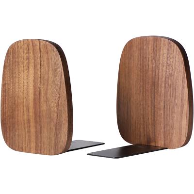 China Modern Creative Oval Shape Desktop Book Stand Wooden Bookends with Metal Black Walnut Book Ends for sale