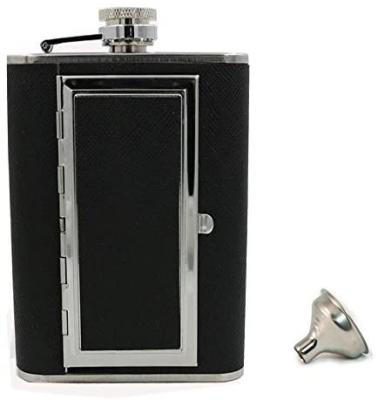 China 6oz PU Stainless Steel Hip Flask Liquor Alcohol Transitional Leather Wrapped Bottle with Built-in Cigar Case and Funnel Set for sale