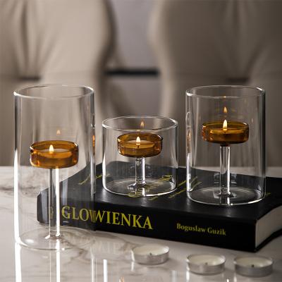 China Luxurious Home Table Centerpiece Nordic Clear Glass Candle Holders with Metal Lid for sale