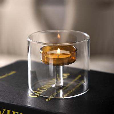 China Clear Glass Tea Light Holder with Lid Elegant and Romantic Cylinder Shape Metal Jar for sale